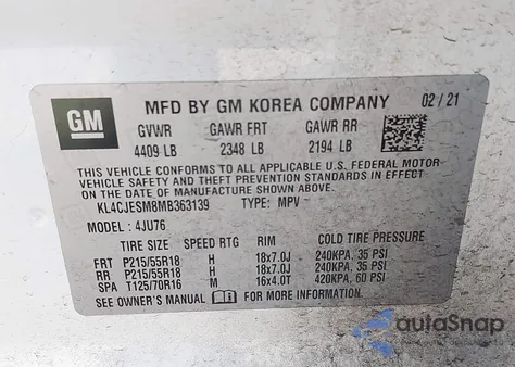 2021 Buick Encore Awd Preferred z USA, uszkodzony, nr VIN KL4CJESM8MB363139